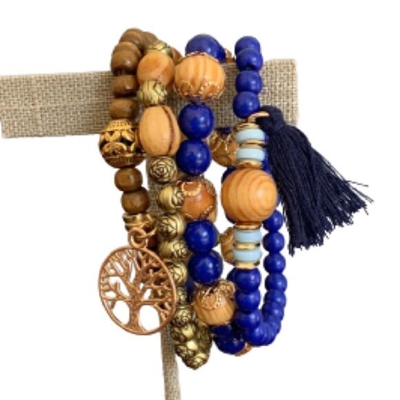 Set of 4 Boho Handmade Wood Bead Stretch Tree of Life Charm Tassel Bracelet NEW - Picture 8 of 10